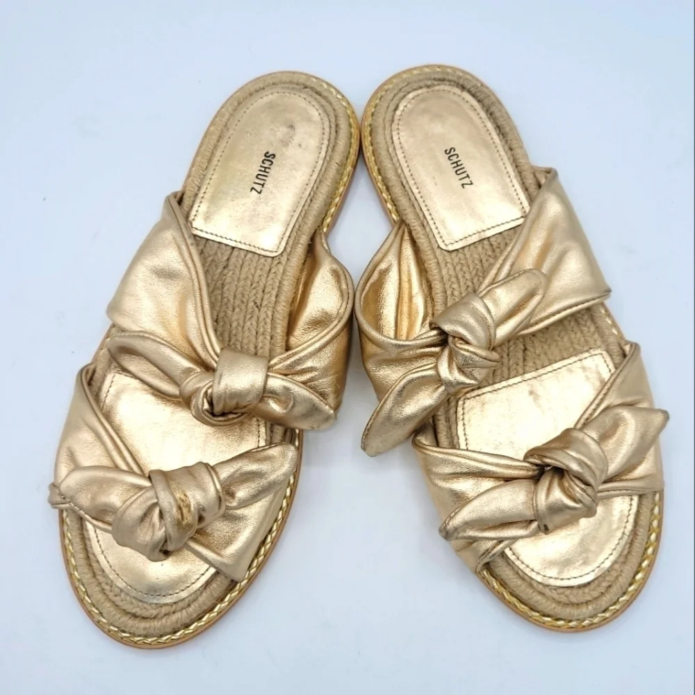 SCHUTZ Metallic Espadrille Slide Sandals Soft Gold Size 37.